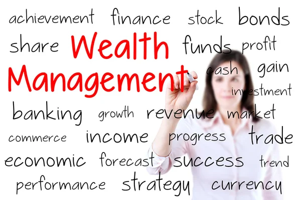 Business woman writing wealth management concept. Isolated on white. — Stock Photo, Image