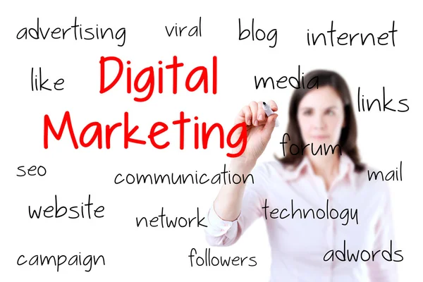 Femme d'affaires écrivant concept de marketing numérique. Isolé sur blanc . — Photo