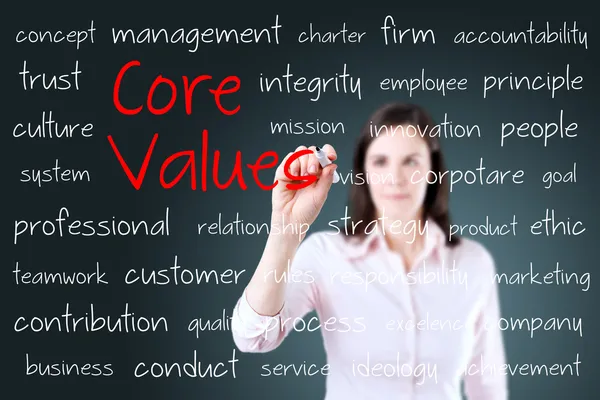 Young business woman writing concept of core values — Stock Photo, Image