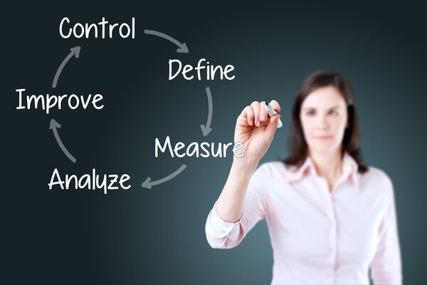 Business woman writing improvement process concept. Blue background.