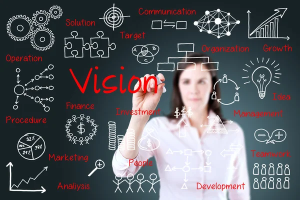 Junge Geschäftsfrau schreibt Vision-Konzept. — Stockfoto