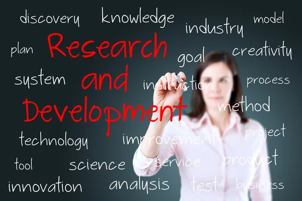 Jonge zakenvrouw schrijven concept van onderzoek en ontwikkeling — Stockfoto