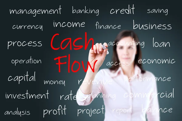 Jeune femme d'affaires écriture cash flow concept — Photo