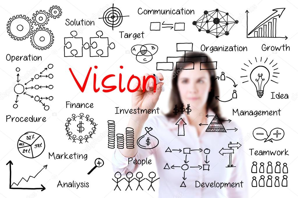Young business woman writing vision concept. Isolated on white.