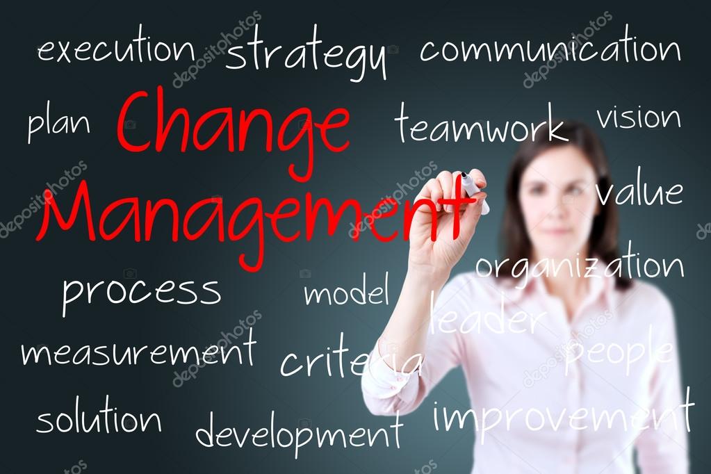 Young business woman writing change management concept