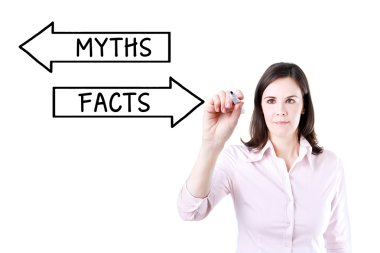 Businesswoman drawing a Myths or Facts concept on the virtual screen. clipart