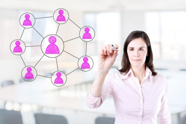 sosyal ağ bağlantısı çizim bir iş kadını. Office arka plan.