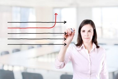 farklı yönlere oklar çizim bir iş kadını. Office arka plan.