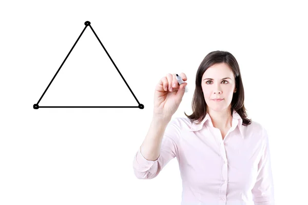 Donna d'affari che disegna un diagramma con l'equilibrio tra tre lati da un triangolo . — Foto Stock