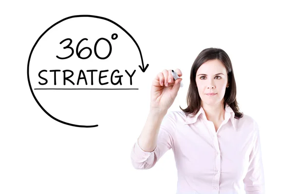 Businesswoman drawing a 360 degrees Strategy concept on the virtual screen. — Stock Photo, Image