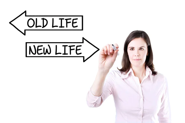 Businesswoman drawing an Old Life or New Life concept on the screen. — Stock Photo, Image