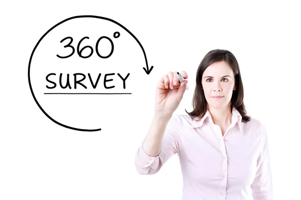 Businesswoman drawing a 360 degrees Survey concept on the virtual screen. — Stock Photo, Image