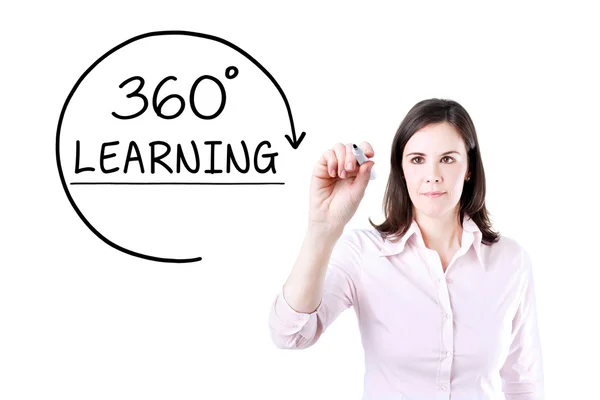 Businesswoman drawing a 360 degrees Learning concept on the virtual screen. — Stock Photo, Image