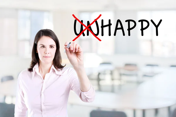 Businesswoman choosing Happy instead of Unhappy. Office background.