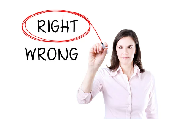 Choosing Right instead of Wrong. Right selected with red marker. — Stock Photo, Image