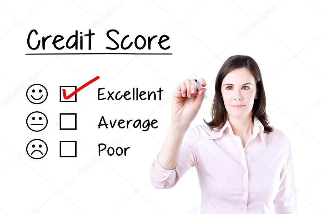 Hand putting check mark with red marker on excellent credit score evaluation form.