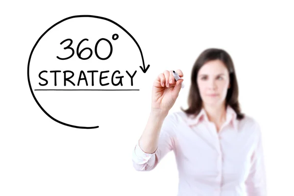 Businesswoman drawing a 360 degrees Strategy concept on the virtual screen. Isolated on white. — Stock Photo, Image