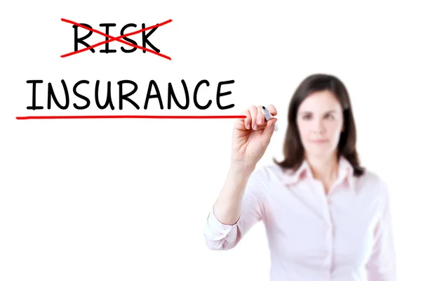 Geschäftsfrau wählt Versicherung statt Risiko. isoliert auf weiß. — Stockfoto