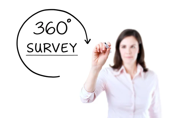 Businesswoman drawing a 360 degrees Survey concept on the virtual screen. Isolated on white. — Stock Photo, Image