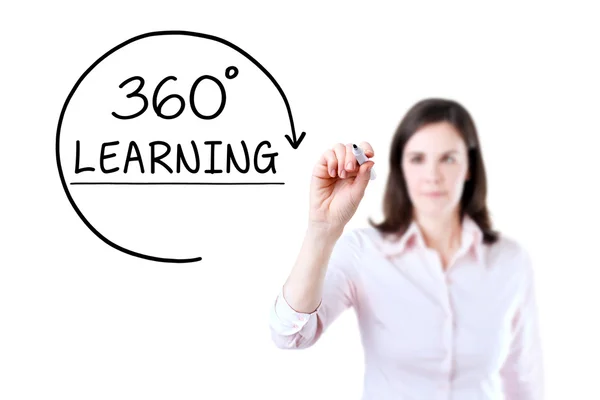 Businesswoman drawing a 360 degrees Learning concept on the virtual screen. Isolated on white. — Stock Photo, Image
