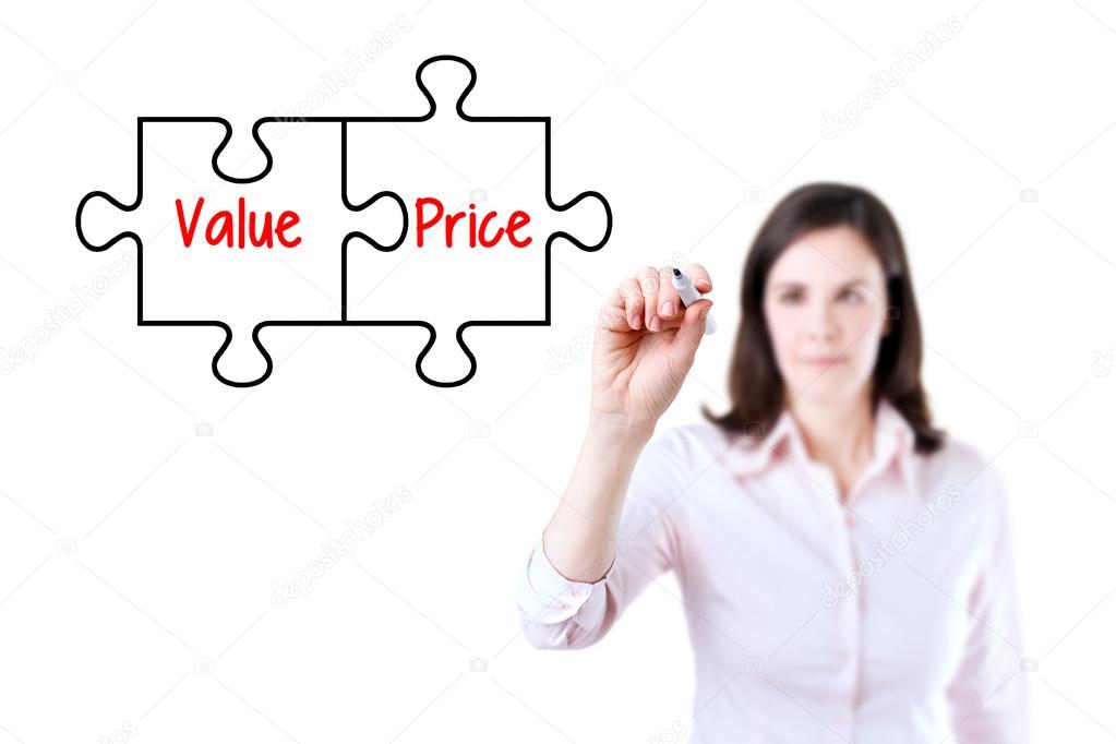 Businesswoman drawing a Value Price puzzle concept on the virtual screen. Isolated on white.