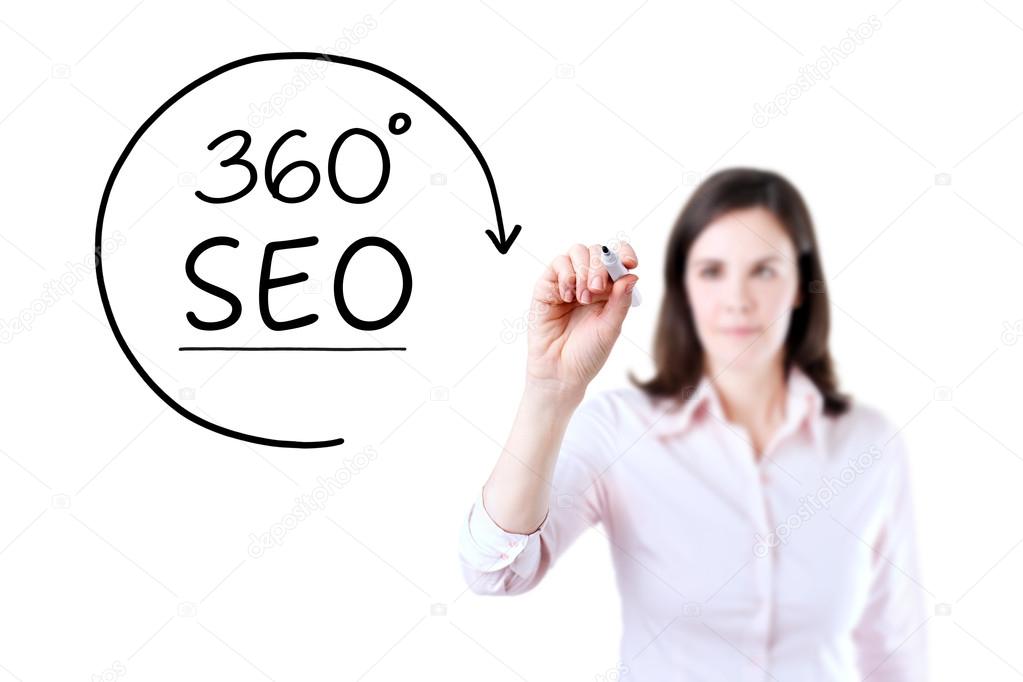 Businesswoman drawing a 360 degrees SEO concept on the virtual screen. Isolated on white.