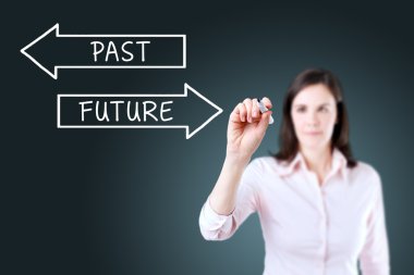 şekil kavramı sanal ekrandaki çizim bir iş kadını. mavi arka plan.