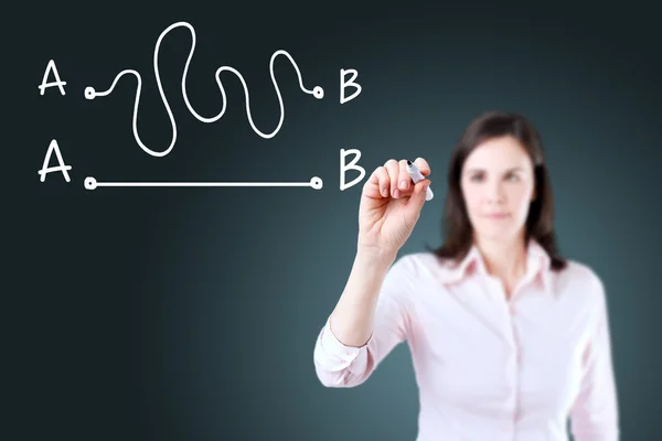 Business woman drawing a concept about the importance of finding the shortest way to move from point A to point B, or finding a simple solution to a problem. Blue background. — Stock Photo, Image