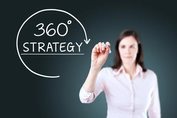 Businesswoman drawing a 360 degrees Strategy concept on the virtual screen. Blue background. — Stock Photo, Image