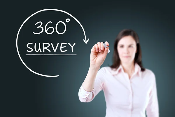 Businesswoman drawing a 360 degrees Survey concept on the virtual screen. Blue background. — Stock Photo, Image