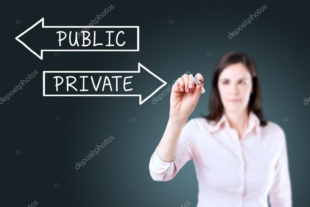 Businesswoman drawing a Private or Public concept on the screen. Blue background.