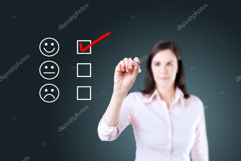 Hand putting check mark with red marker on customer service evaluation form. Blue background.