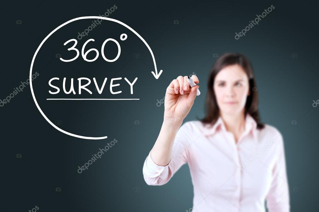 Businesswoman drawing a 360 degrees Survey concept on the virtual screen. Blue background.