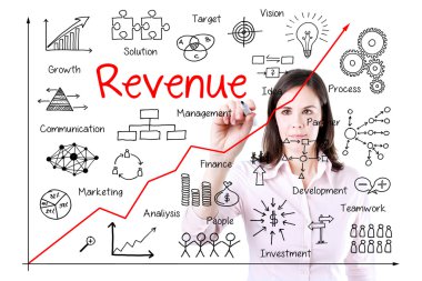 genç iş kadını yazma artan gelir grafik ile işlem görme - ekip çalışması - plan - yatırım - yönetimi - araştırma - geliştirme - strateji-pazarlama. beyaz izole.