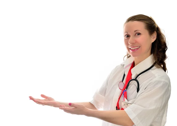 Mujer médico mostrando sus manos sobre un fondo blanco — Foto de Stock