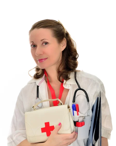 Woman doctor at work with medical handbag — Stock Photo, Image