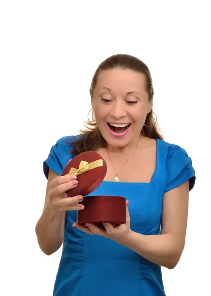 Happy woman received a gift - a surprise — Stock Photo, Image