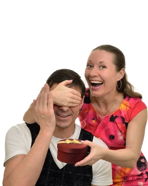 Happy woman doing a surprise gift to the beloved — Stock Photo, Image