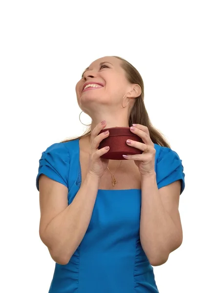 Happy woman received a gift - a surprise — Stock Photo, Image