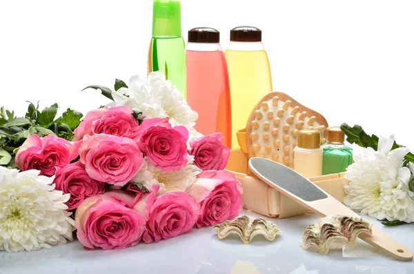 Objekte für Körperpflege, Wellness und Sauna, Pediküre, Blumen — Stockfoto