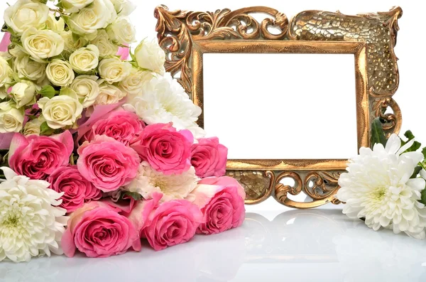 Frame voor gefeliciteerd met de viering, een boeket van bloemen — Stockfoto