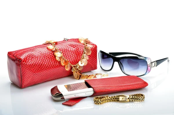 Womanish handtas voor cosmetica, accessoires, mobiele telefoon — Stockfoto