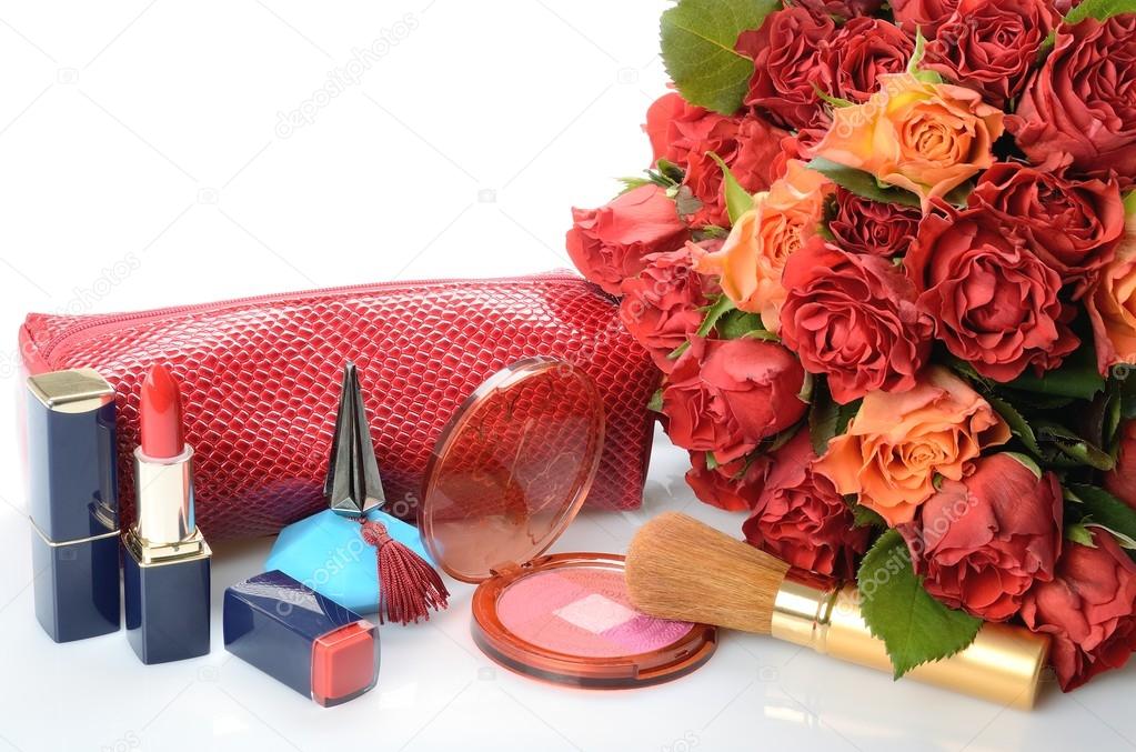 Items woman are used makeup and cosmetics, cosmetic bag and a bouquet of roses