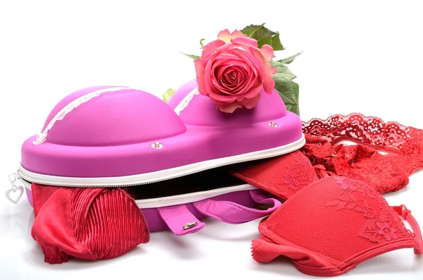 Female small suitcase for storing lingerie and rose flowers in still life — Stock Photo, Image