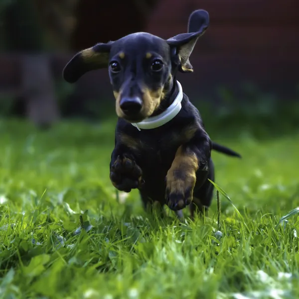 Dachshund de cabelos lisos no jardim — Fotografia de Stock