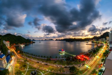 Cat Ba island, Hai Phong, Vietnam. Panorama from viewpoint in sunset