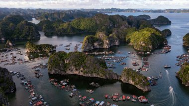 Floating fishing village and rock island in 