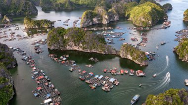 Floating fishing village and rock island in 