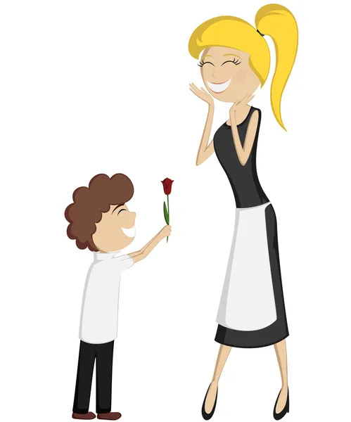 Surprise Mom (colorful and detailed with a curly-haired boy and a blonde mom)! — Stock Vector