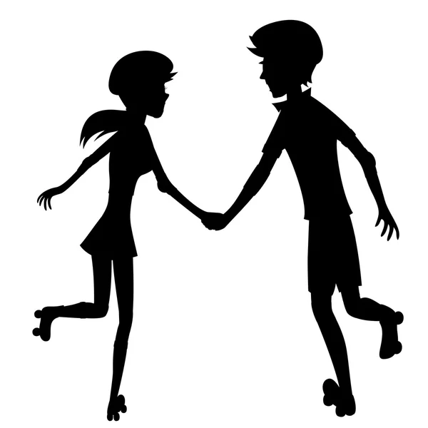 Happy roller-skating couple (silhouette) — Stock Vector